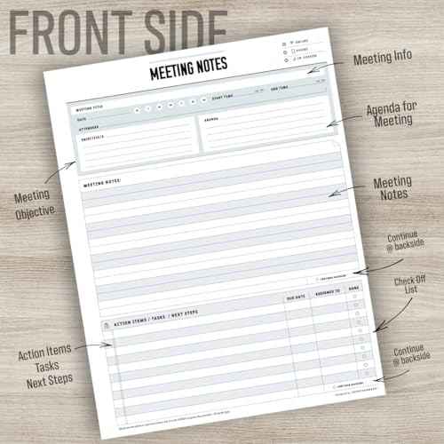 Meeting Notepad - 8.5 x 11-50 Sheets Double Sided Work School Meeting Pad Objectives, Agenda, Notes, Action, Tasks, Project Pads