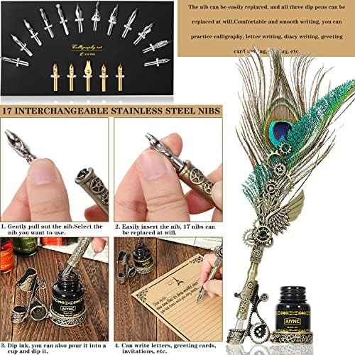 Quill Pen and Ink Set, Feather Pen Ink Set, Wax Seal Stamp Kit, Calligraphy Set, Valentine's Day Gifts for Writing Lovers Birthday Gifts, Ideal Calligraphy Gifts for Holidays(Peacock Feather)