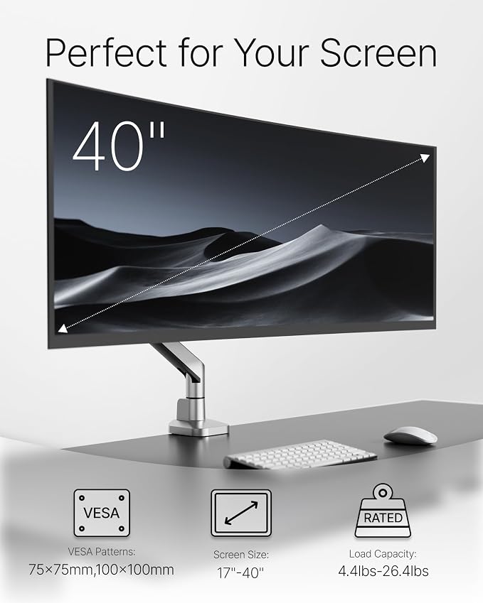 monTEK Deluxe Monitor Arm up to 40 Inch Holds 26.4 lbs Curved Screens Aluminum - Image 3