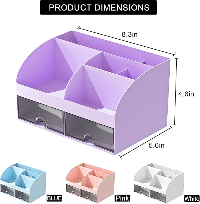 Desk Organizer with 6 Compartments and 2 Drawers, Plastic Makeup Organizer - Image 3