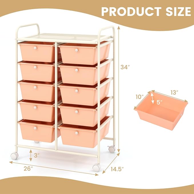 LDAILY 10 Drawer Rolling Cart, Storage Cart Organizer on Wheels, Drawer Cart - Image 3