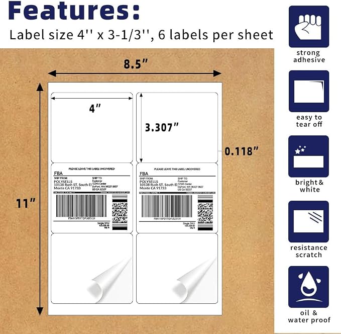 POLYSELLS Self Adhesive 3-1/3" x 4" Address Shipping Labels, 6UP White Sticker - Image 2