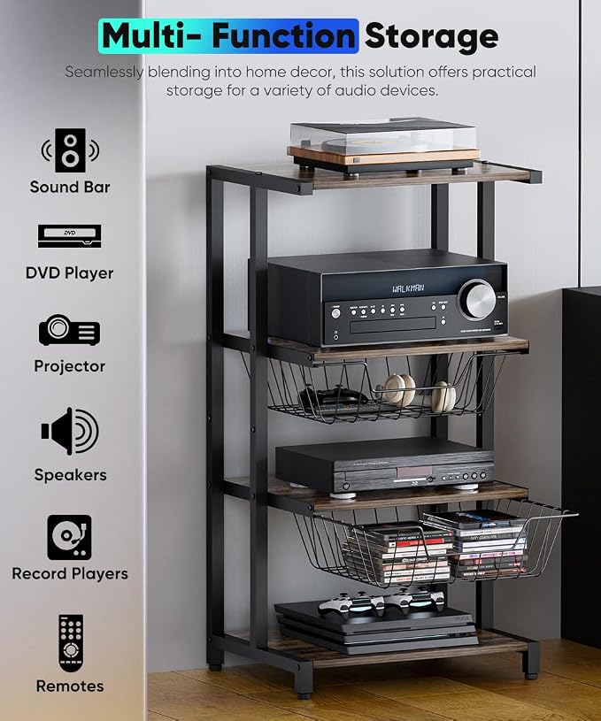 Ardier Media Stand with Two Detachable Baskets, 4-Tier AV Media Stand Corner - Image 5