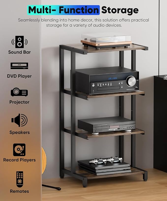 Ardier 4-Tier Wooden Media Stand, AV Media Stand Corner Shelf - Image 5