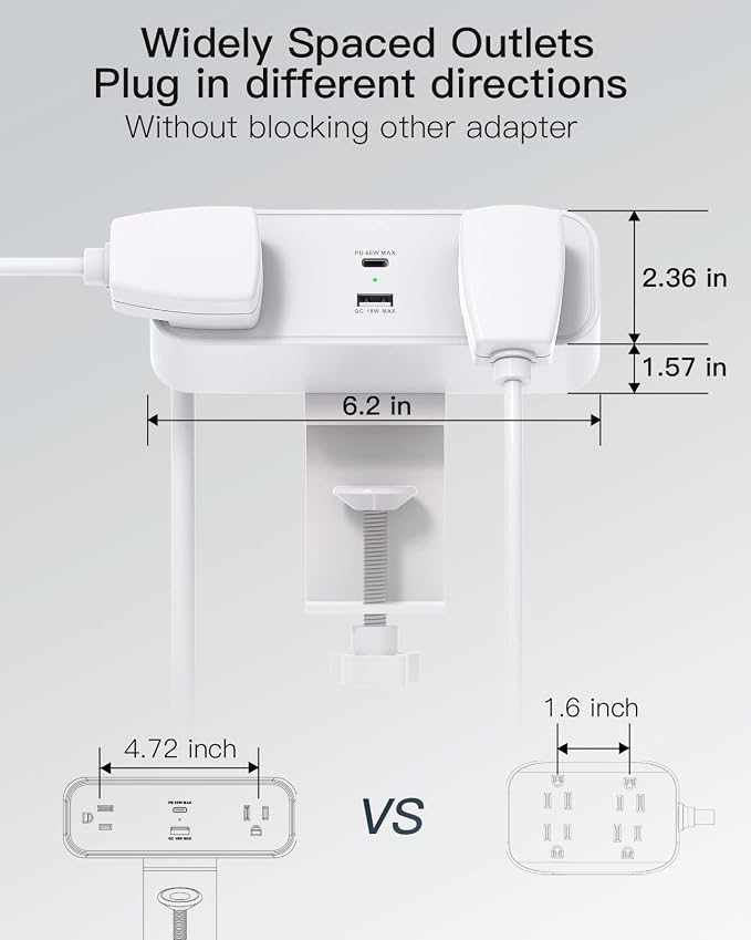 Desk Clamp Power Strip, 65W 10ft Extension Cord- 2 Outlets Desktop Power Strip - Image 6