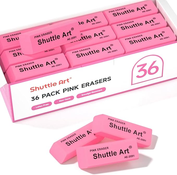 Shuttle Art Pink Erasers, 36 Pack Erasers Bulk, Latex-Free, No Smudge, Soft by ShuttleArt