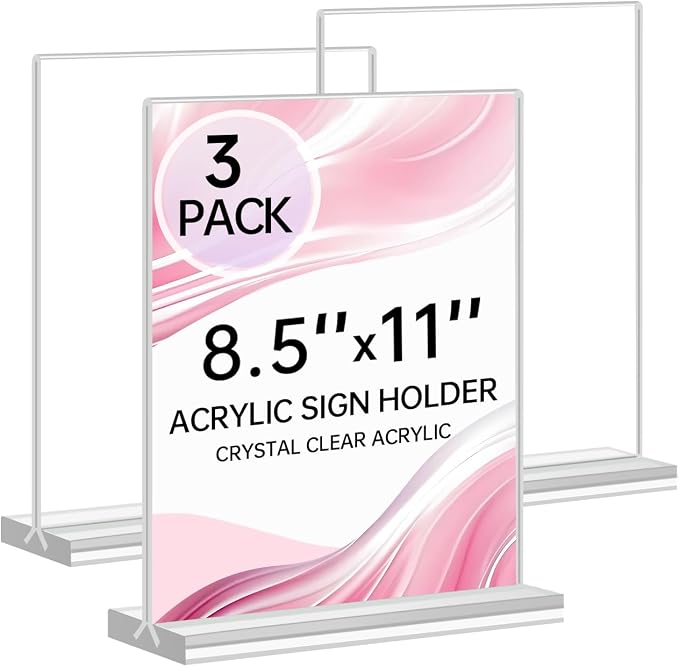 Yeahjiae 3 Pack T-Shaped Acrylic Sign Holder 8.5 x 11, Double Sided Clear Stand by Yeahjiae