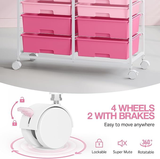 Rolling Storage Cart with 12 Drawers, Wooden Tabletop Utility Cart - Image 5