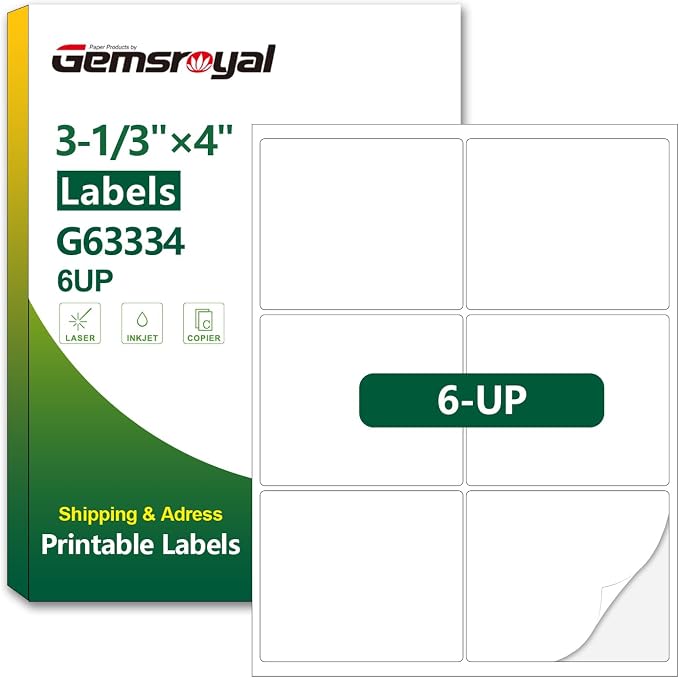 Gemsroyal 3-1/3”×4” Address Labels Printable, 3-1/3×4 Matte White Shipping by Gemsroyal
