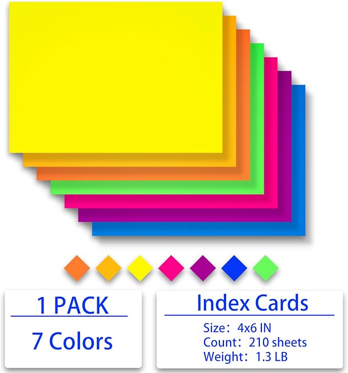 Index Cards 210-Count 4x6 Inch, 178GSM Heavyweight Set of 7 Fluorescent Colors - Image 4