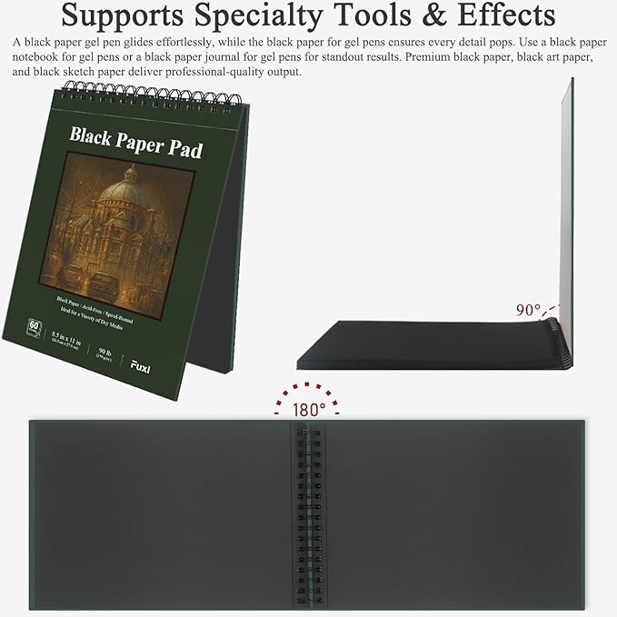 Fuxi Black Paper Notebook, 60 Sheets Spiral Sketchbook 8.5 x 11, Hardcover | - Image 4