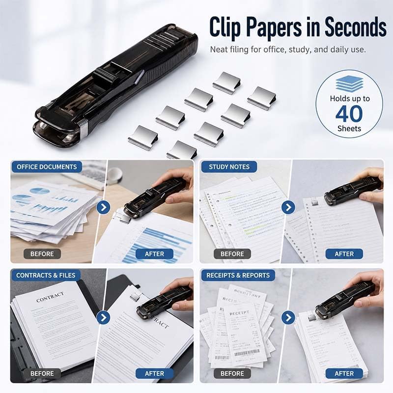 Portable Binder Clip Stapler with 58 Reusable Push Clips, Staple Free Stapler for Up to 40 Sheets, Mini Paper Clip Dispenser for Office Documents, School Supplies and Home Organization (Black)
