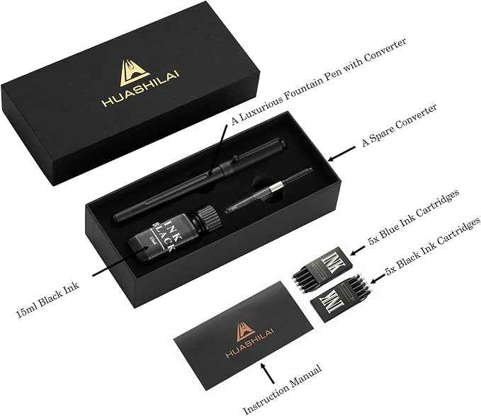 HUASHILAI Luxury Matte Black Forest Fountain Pen Set, Titanium Black Extra Fine
