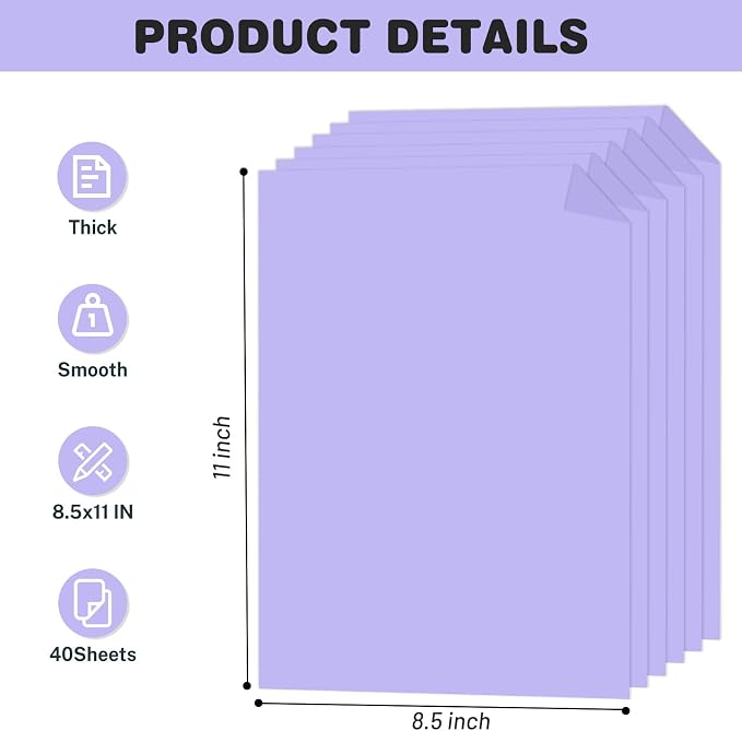 Cardstock 8.5 X 11, 40 Sheets, Light Purple Card Stock, 75lb/ 200gsm Copy Paper - Image 2