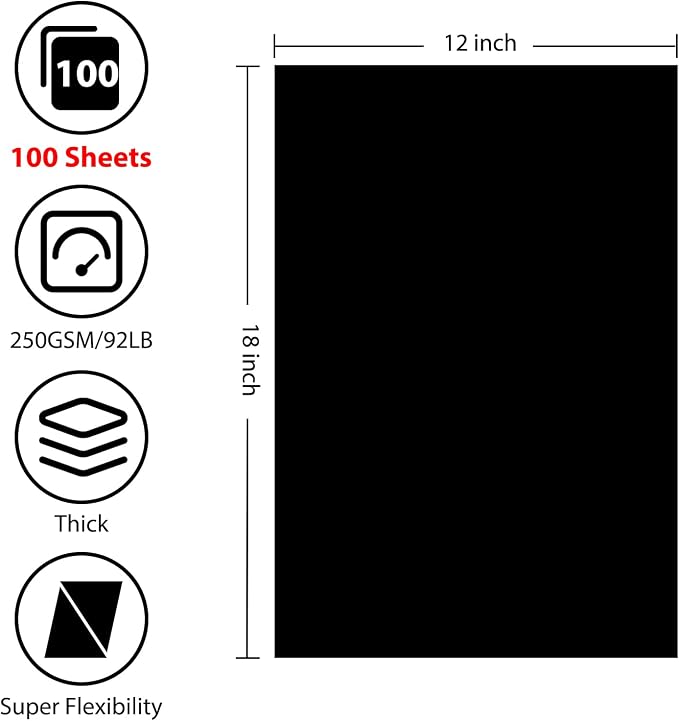 OcePor 100 Sheets Black Cardstock 12” x 18”, 92lb/250gsm Black Card Stock - Image 2