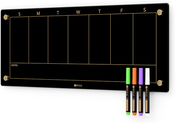 Black Glass Golden Weekly Dry Erase Calendar Whiteboard by Yeoux