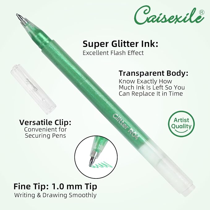 CAISEXILE 12 Green Glitter Gel Pens Set, 1.0 mm Fine Point - Image 3