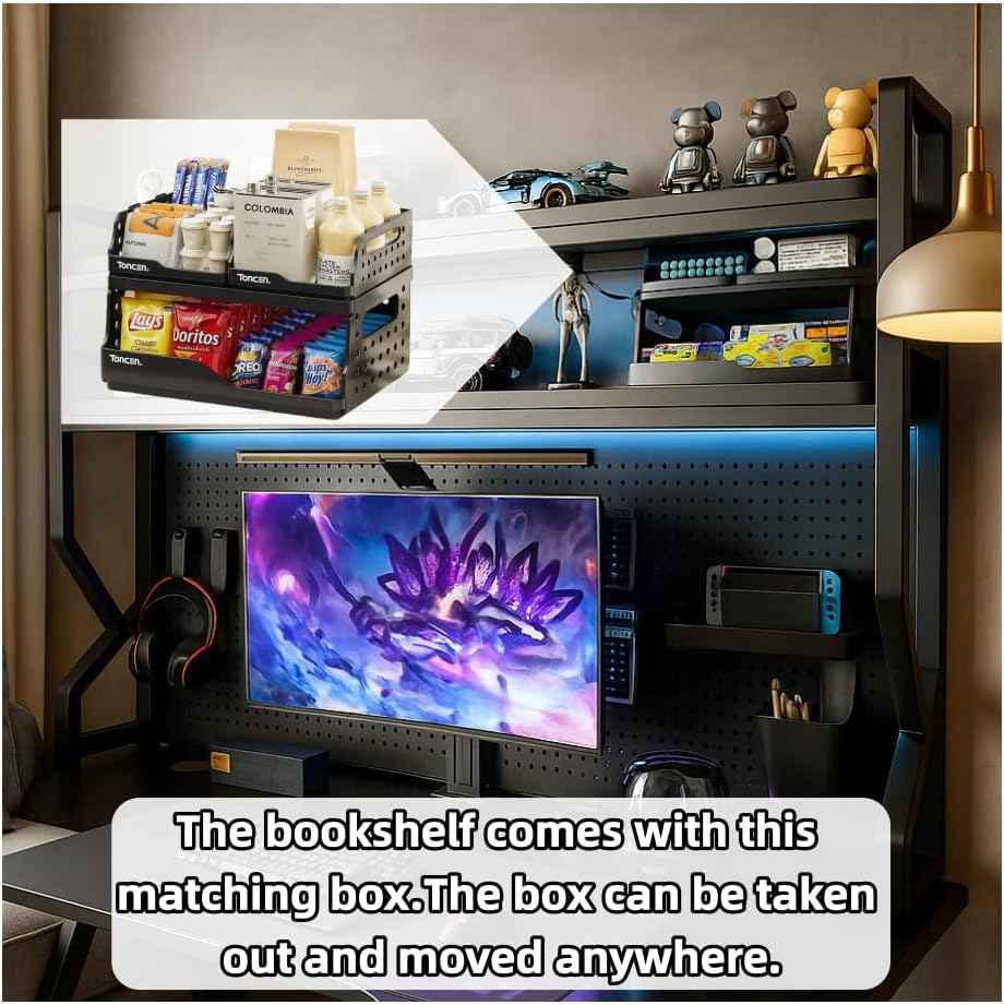 Desktop Hutch Bookshelf,Many Gifts,Metal Desktop Bookcase with pegboard, Desk Shelf Black, Countertop Storage Organizer Rack for Dorm or Office,Desktop Shelves(Black, 37.4" Lx9.9 Wx39 H)