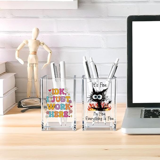 Vgrti Funny Black Cat Work 2 Pack Acrylic Cosmetic Pencil Pen Holder Cup - Image 4