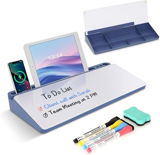 Glass Desktop Whiteboard with Storage, Desk White Board with Computer Keyboard by WALGLASS