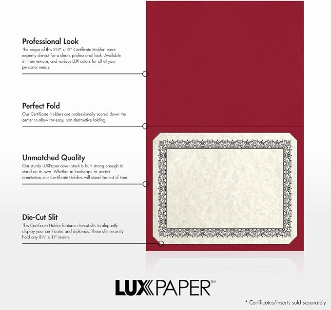 LUXPaper 9.5" x 12" Certificate Holders | Burgundy Linen | 100lb. Cover | 50 Qty - Image 2