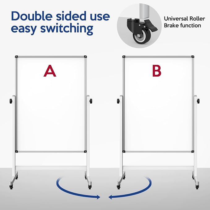 Rolling Whiteboard, Double Sided Magnetic Dry Erase Board Height Adjustable - Image 3