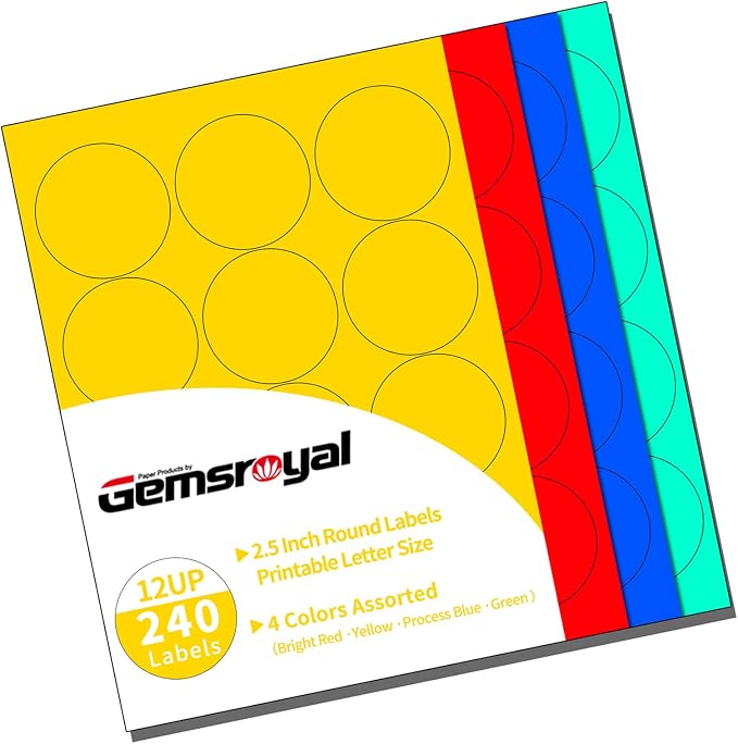 Gemsroyal 2.5 inch Colored Round Labels Printable, 2.5" Color Coding Labels by Gemsroyal