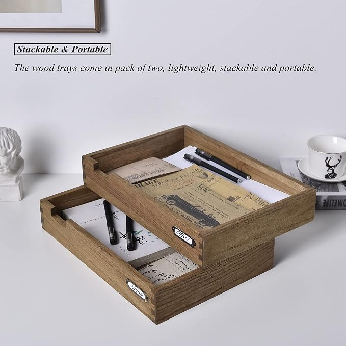 KIRIGEN Wooden Stackable Office Letter Organizer Desk Tray Pack of 2 - Image 2