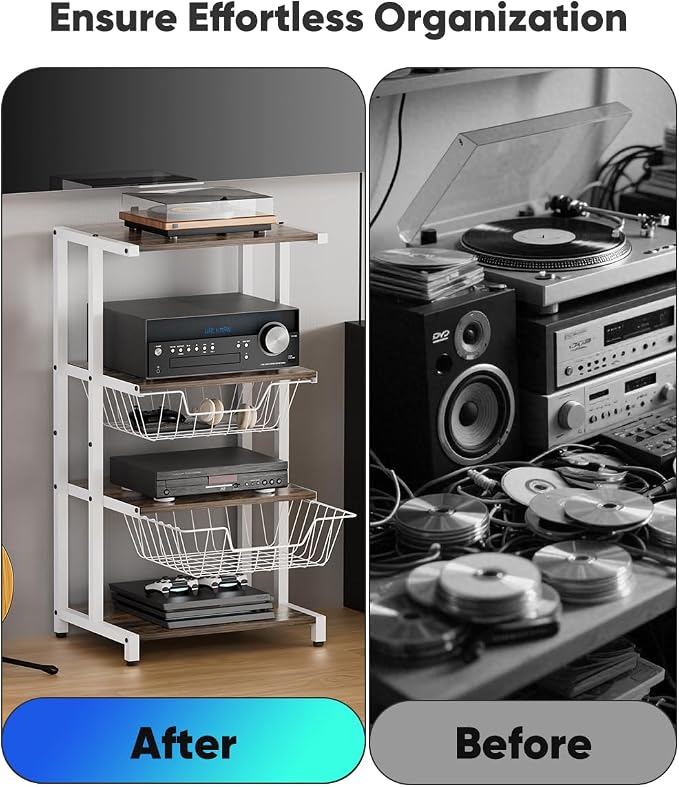 Ardier Media Stand with Two Detachable Baskets, 4-Tier AV Media Stand Corner - Image 6