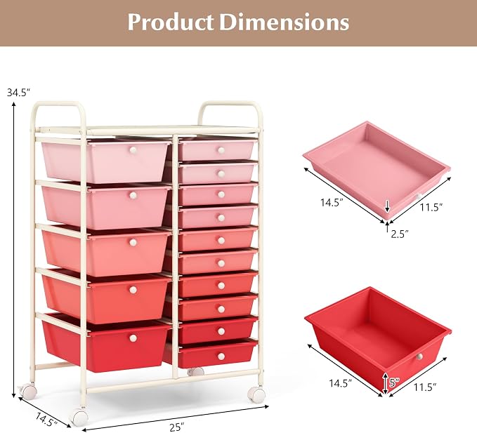 DORTALA 15-Drawer Rolling Storage Cart - Image 3