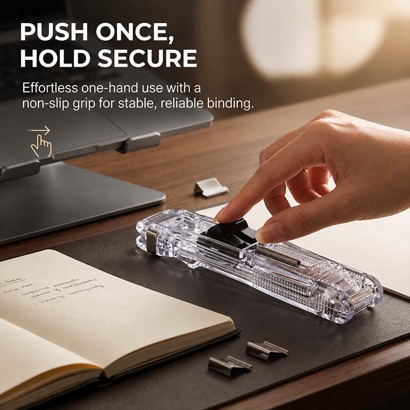 Portable Binder Clip Stapler with 58 Reusable Push Clips, Staple Free Stapler for Up to 40 Sheets, Mini Paper Clip Dispenser for Office Documents, School Supplies and Home Organization (Black)