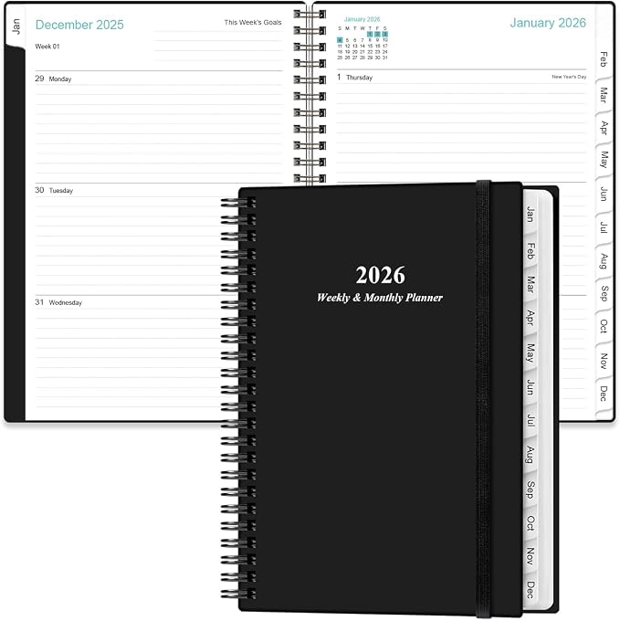 Planner 2026 - A5 Weekly & Monthly Planner Spiral Bound, January 2026 - by Heveboik