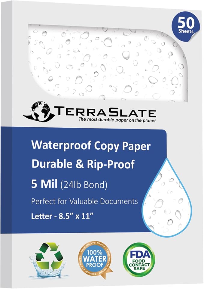 TerraSlate Waterproof Paper, 5 MIL 8.5” x 11”, Laser Printer & Copy Machine by TerraSlate