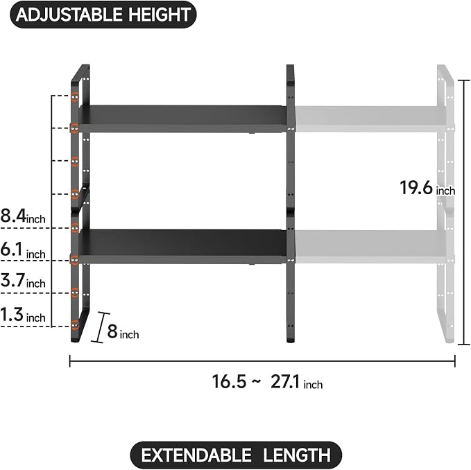 jkxoo 2Pack 16.5-27’’L Expandable Cabinet Shelf Organizers, Stackable Metal - Image 2