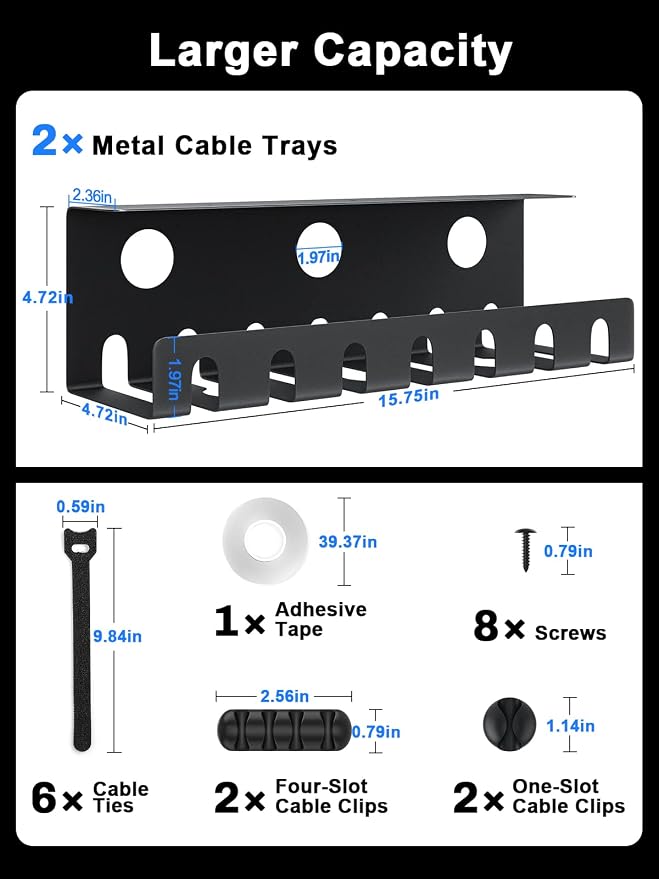 Delamu 2 Pack Metal Under Desk Cable Management Tray, U Channel Cord Organizer - Image 3