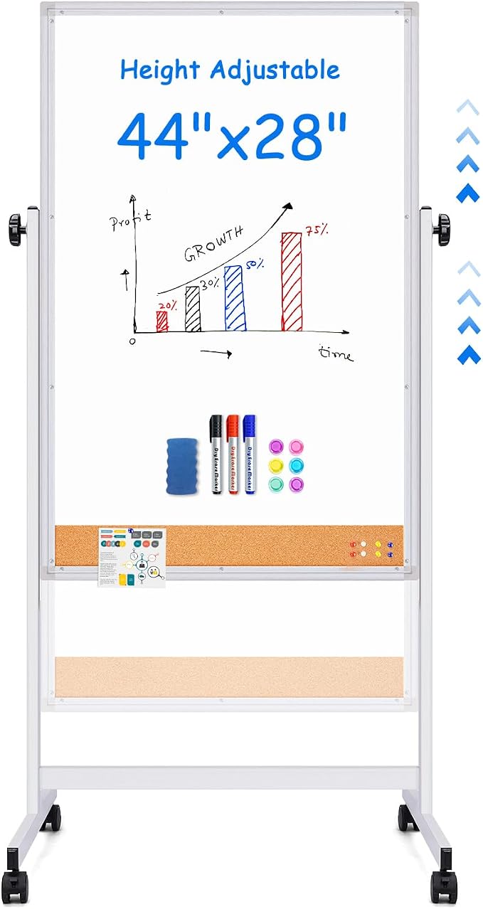 maxtek Rolling White Board, 44x28 Inches Magnetic Cork Board Combo, Portable by Maxtek