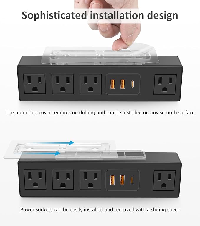 Under Desk Power Strip with 3M Adhesive, Removable Under Desktop Mount Plug - Image 3