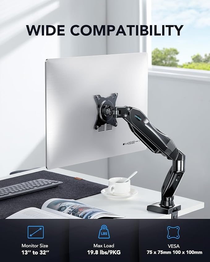 HUANUO Single Monitor Mount, 13 to 32 Inch Monitor Arm, Adjustable Monitor Stand - Image 2