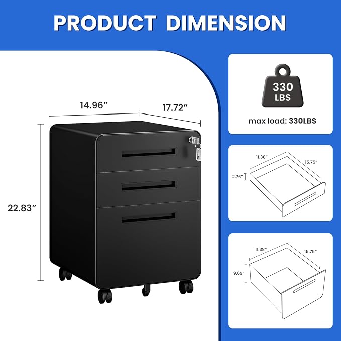 MIIIKO Mobile Filing Cabinet 3 Drawer, Rolling Small File Cabinet - Image 3
