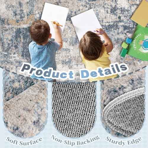 6x9 Area Rugs for Living Room: Washable Abstract Rug Modern Neutral Soft Large Indoor Rugs Non Slip Low Pile Carpet for Bedroom Nursery Dining Room Office(Blue Brown, 6'x9')