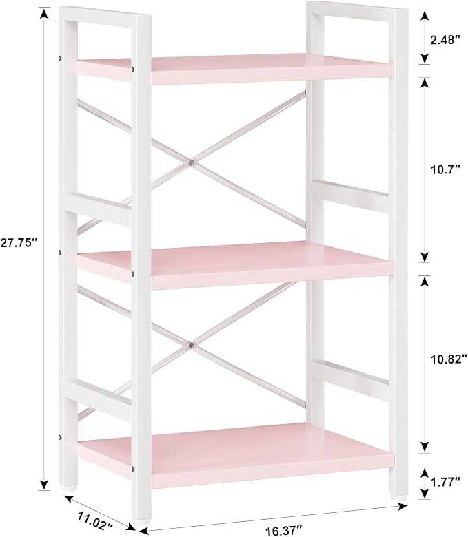 Homeiju Pink Bookshelf, 3 Tier Industrial Bookcase, Metal Small Bookcase - Image 3