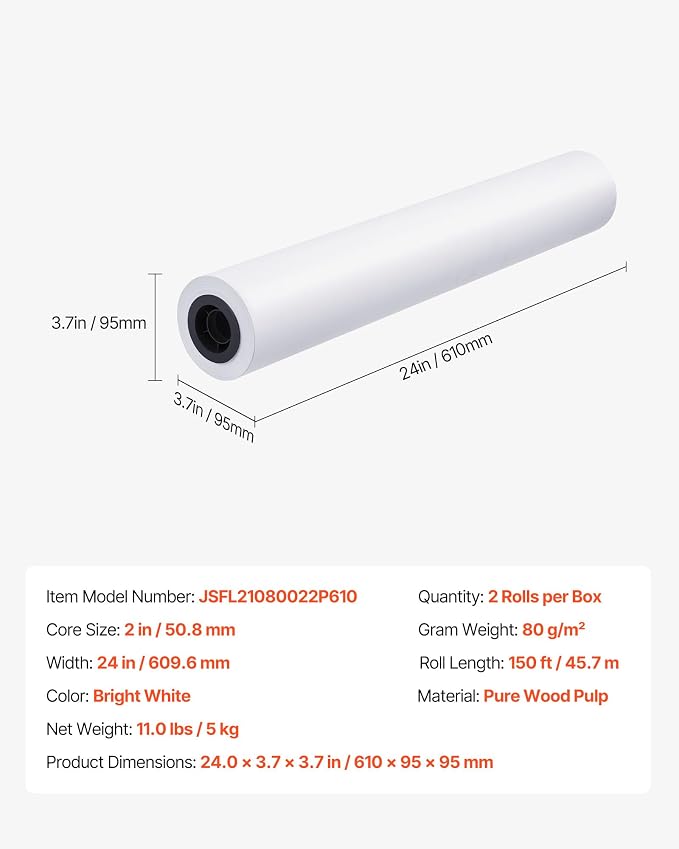 VEVOR Wide Format Paper, 24 in x 150 ft Plotter Roll, 2 Rolls CAD Bond Rolls - Image 7
