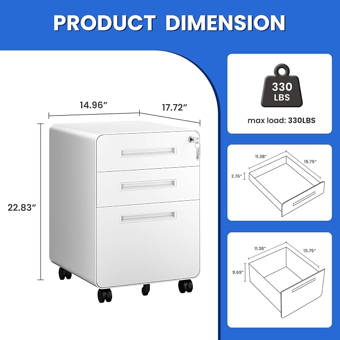 MIIIKO Mobile Filing Cabinet 3 Drawer, Filing Cabinets - Image 3