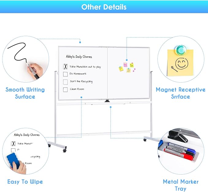 maxtek Rolling Whiteboard, 72x48 Large Double-Sided White Board Dry Erase on - Image 4