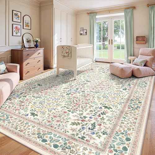 8x10 Area Rugs, Machine Washable Low Pile Floral Rugs for Living Room, Bedroom, Large Boho Area Rug with Non-Slip Backing for Dining Room(Pink Floral)