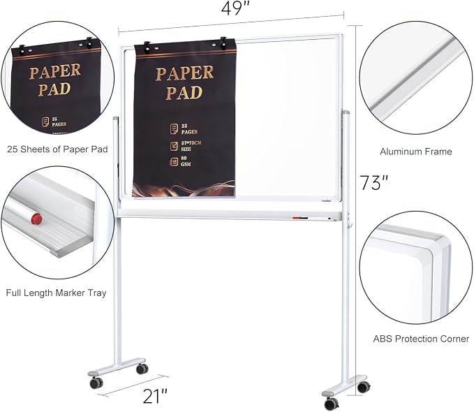 Mobile Clear Glass Whiteboard, 48 x 32 Inches Standing White Board on Wheels - Image 6