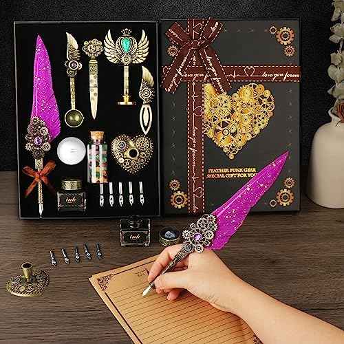 Aifeiter Feather Quill Pen Ink Set - Calligraphy Set, Wax Seal Stamp, Purple Ink, Beautiful Gift, Christmas Gifts