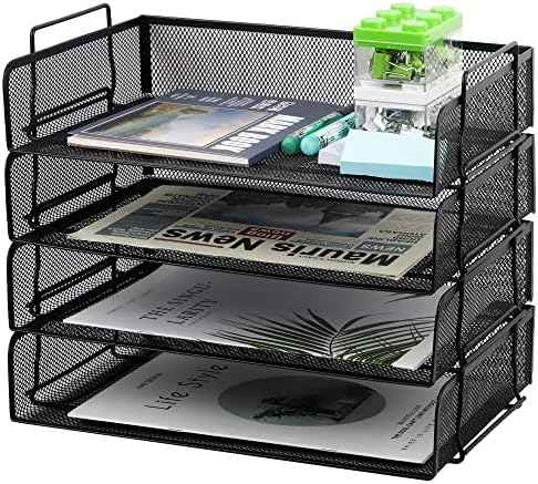 EASEPRES 4 Pack Stackable Desk Paper Tray, Metal Mesh Desktop Document Letter File Organizer for Office Home School, 13.5'' L x 9.75'' W x 11'' H, Black