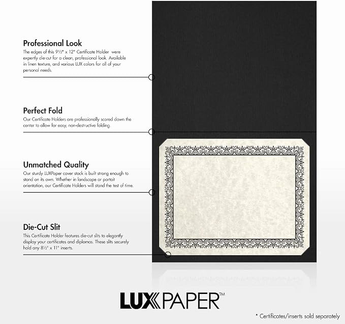 LUXPaper 9.5" x 12" Certificate Holders | Black Linen | 100lb. Cover | 100 Qty - Image 2