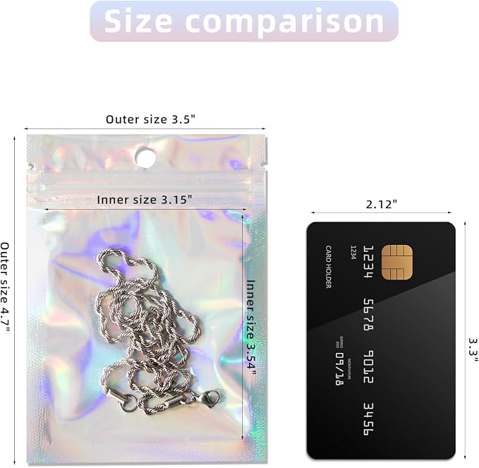 100Pcs Holographic Packaging Bags, 3.5x4.7 inch Resealable Foil Pouch Mylar - Image 2